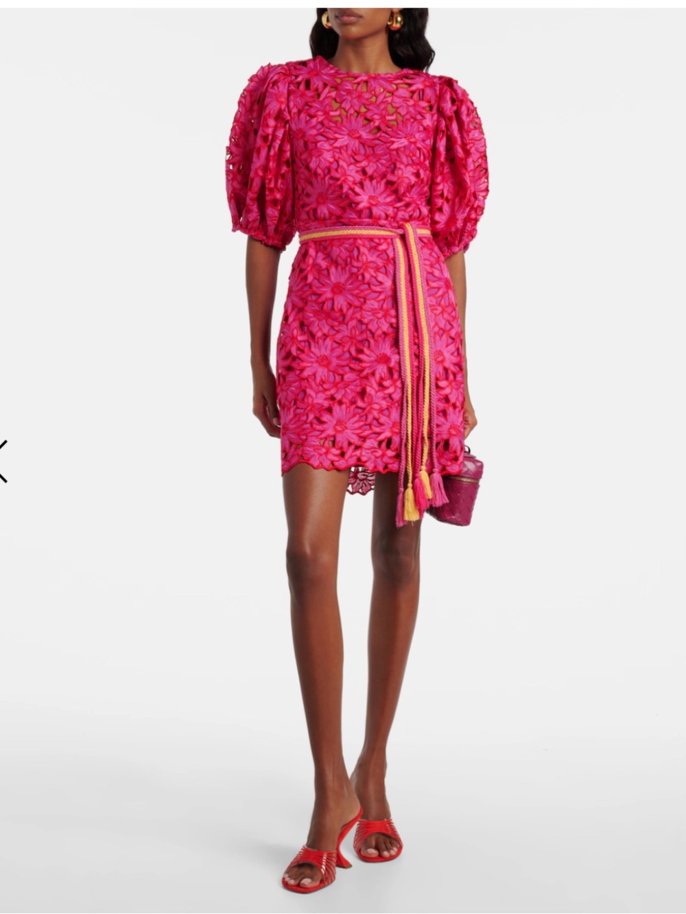 FARM Rio Pink Flowered Lace Puff Sleeve Lined Mini Dress